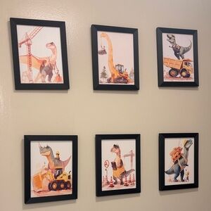 Kids Dinosaur Construction Wall Art Prints with Black Frames